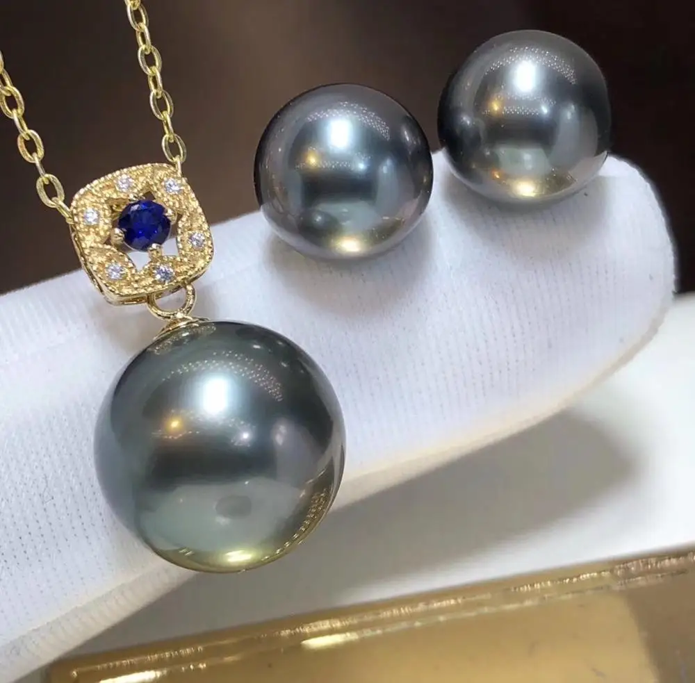 D123 ювелирные украшения 18 К золото натуральный черный жемчуг Таити 9-12 мм Женские