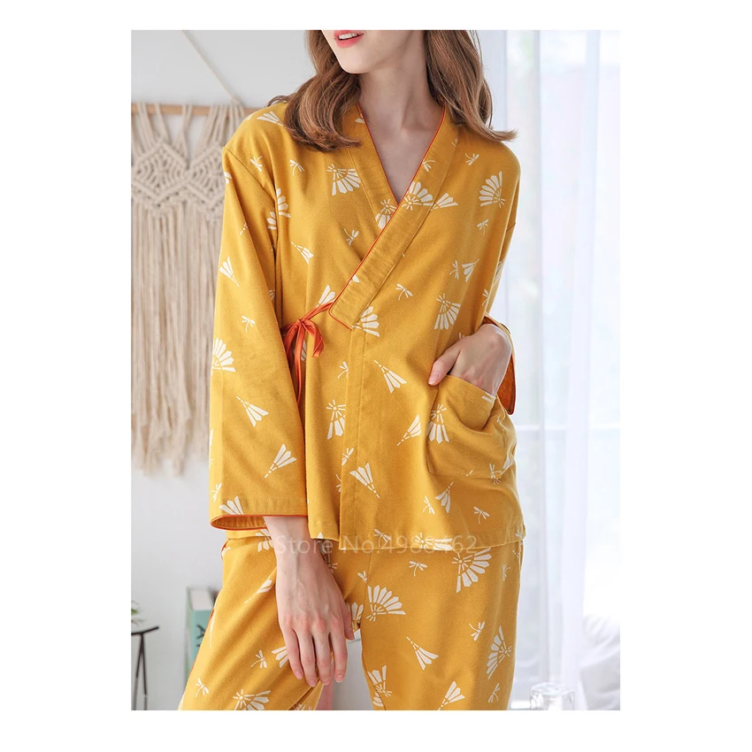 

3Colors Cotton Kimono Pajamas Japanese Style Traditional Yukata Women Girls Colorful Print Top Pants Yukata Breathable Homewear
