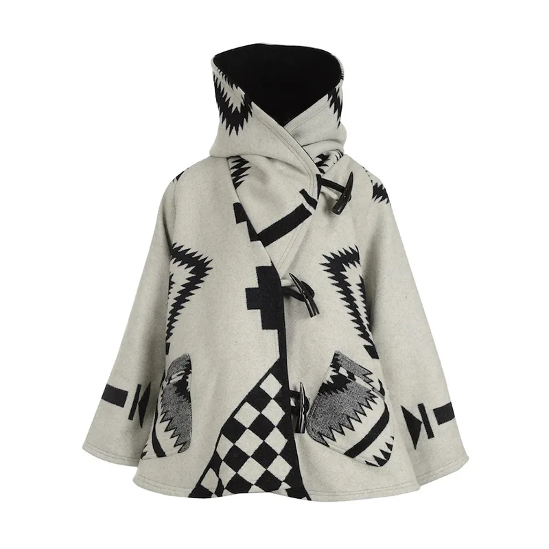 

2020 Design Monochrome Print Vintage Elegant Women Blends Wool Cape Wool Coat Warm Winter Outerwear Loose Flare Sleeve OL Hooded