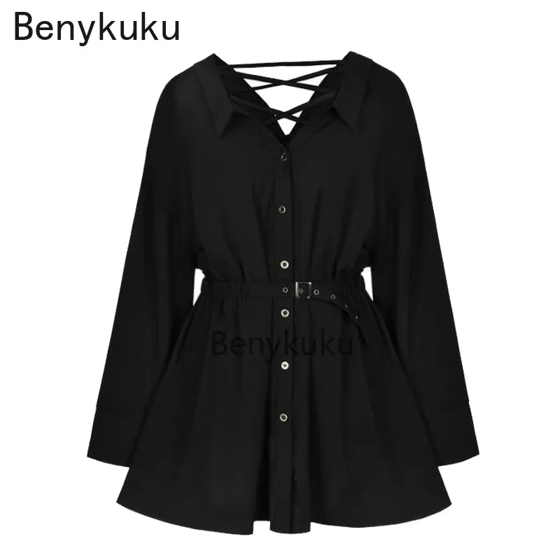 Женское платье рубашка с длинным рукавом черное однобортное Повседневное V