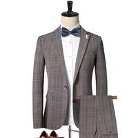 jacketspants 2021 men high quality pure cotton business blazersmale slim fit plaid grooms wedding dressman 2 pieces suits