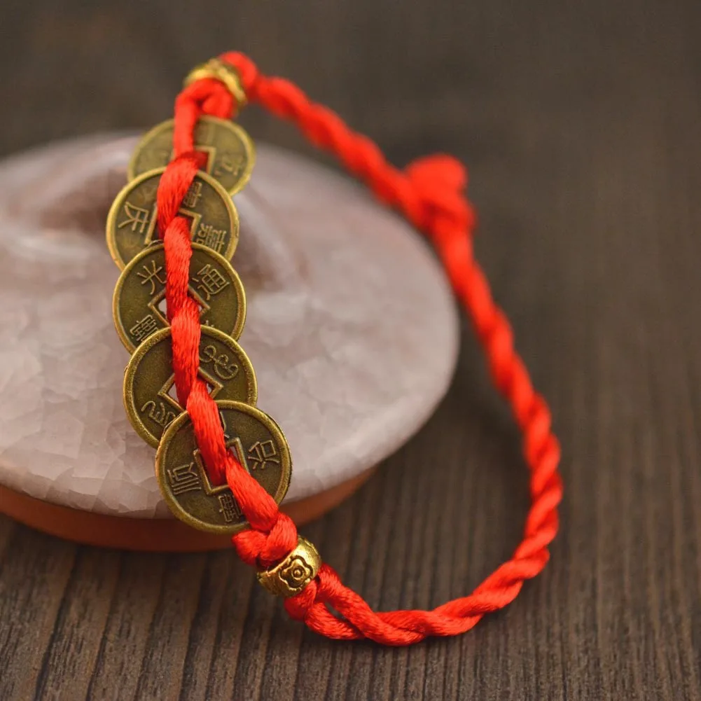 Счастливая Медь Монета браслет в традиционном китайском стиле Feng Shui Красная Нить