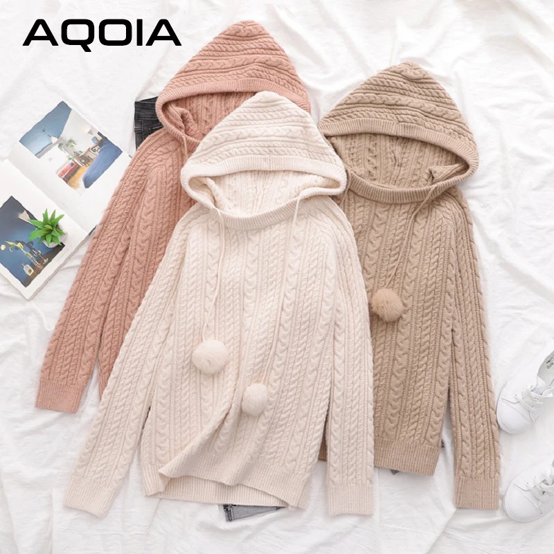 AQOIA элегантный вязаный женский свитер однотонный длинный рукав свободный теплый