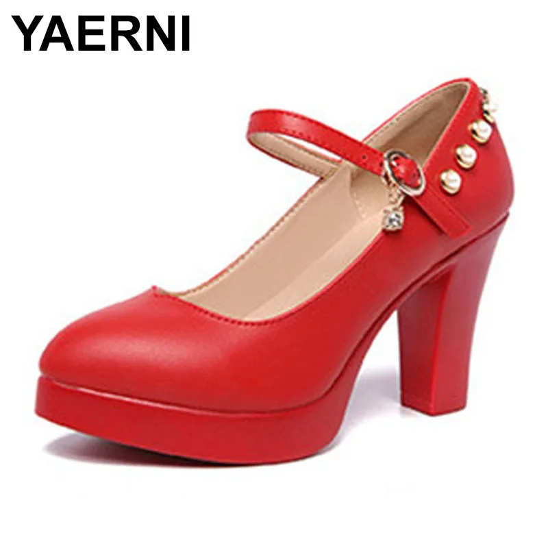 Туфли лодочки YAERNI на блочном каблуке модные красные туфли платформе с жемчугом