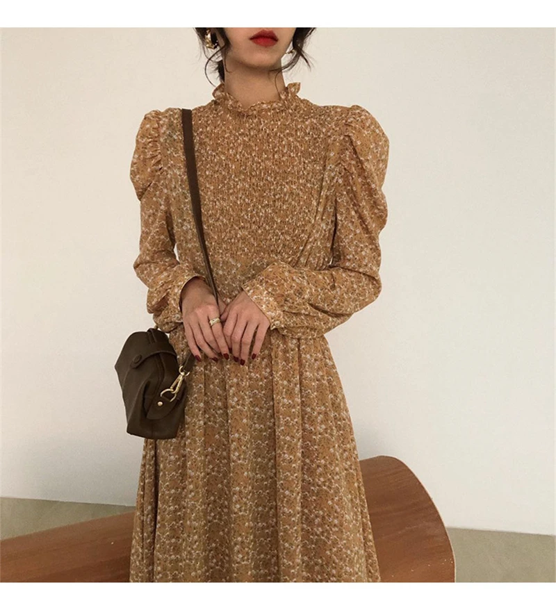 

Vintage Stand Collar Ruched Sleeve A-line Dress Women Floral Print Elastic Waist Female Dress Spring Vestidos femme 202
