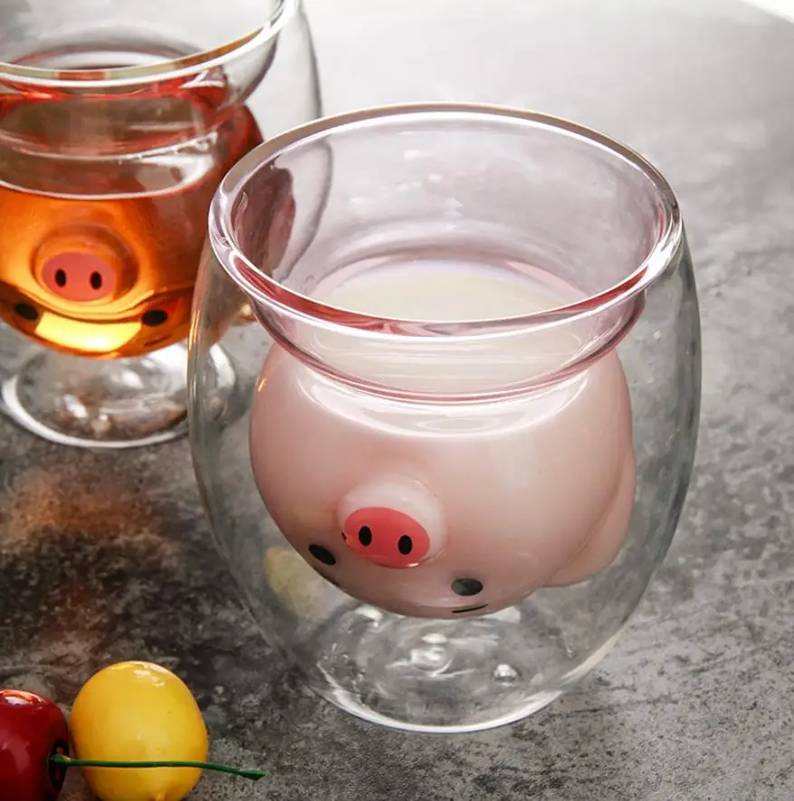 

2021 Cute net red pig piggy double coffee cup anti-scalding heat-resistant milk cup INS Animal Milk Juice Anniversary Gift