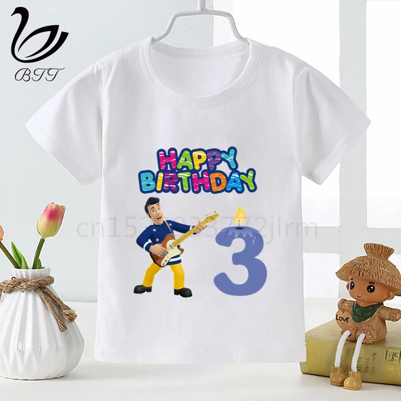 

Happy Birthday Number Cartoon Fireman Sam Kids Clothes Girls T-shirt Birthday Present Children Clothing Boys Tshirts Baby Tees