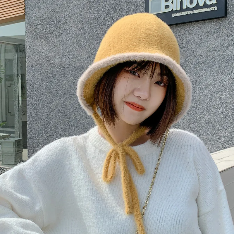 

Winter Women's Knitted Fisherman Hat Thickened Warm Ear Protection Furry Fisherman Hat with Buttons Panama Outdoor Pot Hat