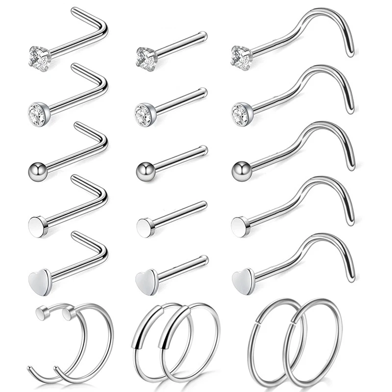 

5-21pcs L Shape Nose Stud Lip Ring Nostril Stainless Steel Hoop Septum Piercing Kit Cartilage Earring Set Women Body Jewelry 20G