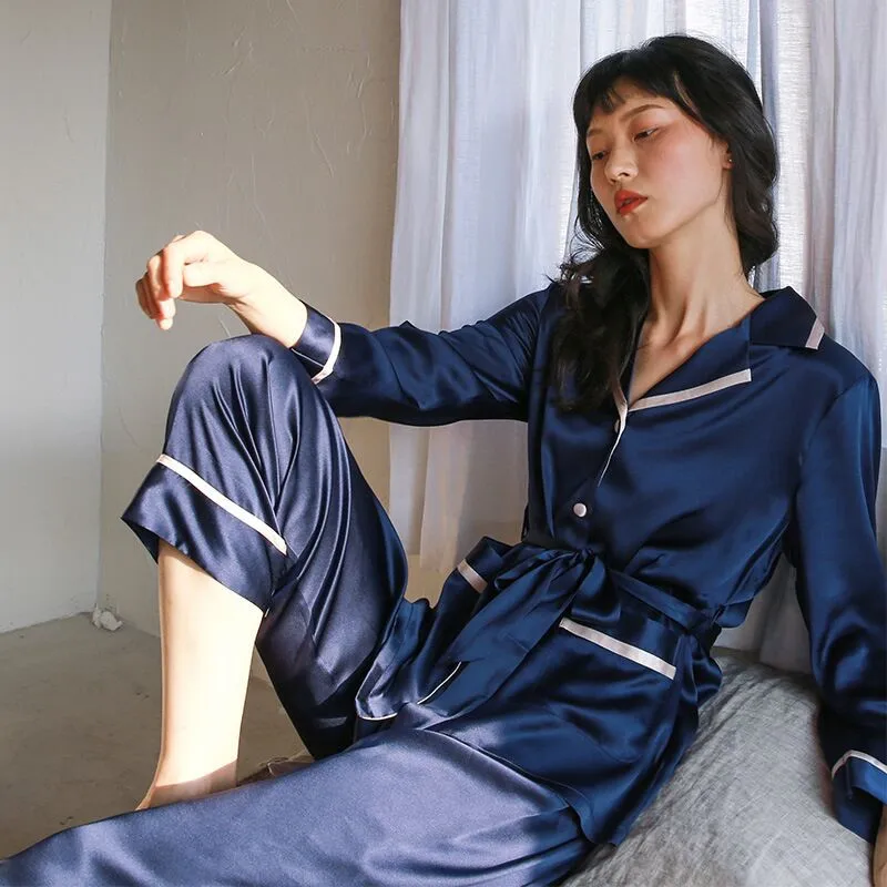 New 100% mulberry silk pajama sets women noble natural silk pyjamas femme long sleeve sexy real silk woman sleepwear