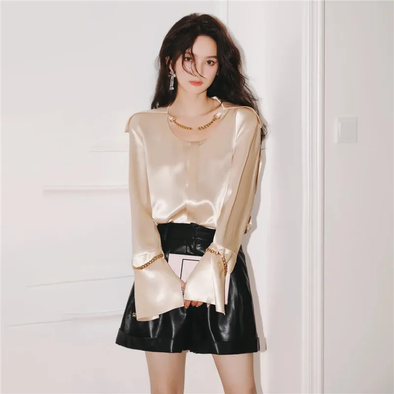 

Office Lady Blouse and Top 2021 Elegant Autumn Luxury Smooth Long Sleeve Loose CHain Satin BLouse Shirt Female