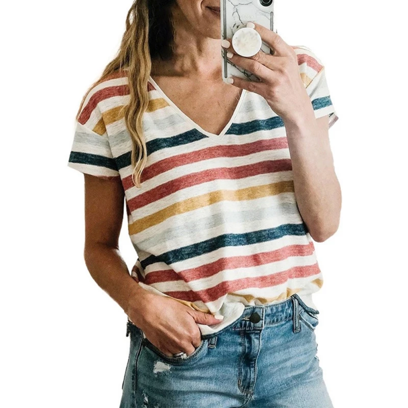 

T Shirts for Women Striped V-Neck Female Casual Summer Tops Short Sleeve T-Shirt