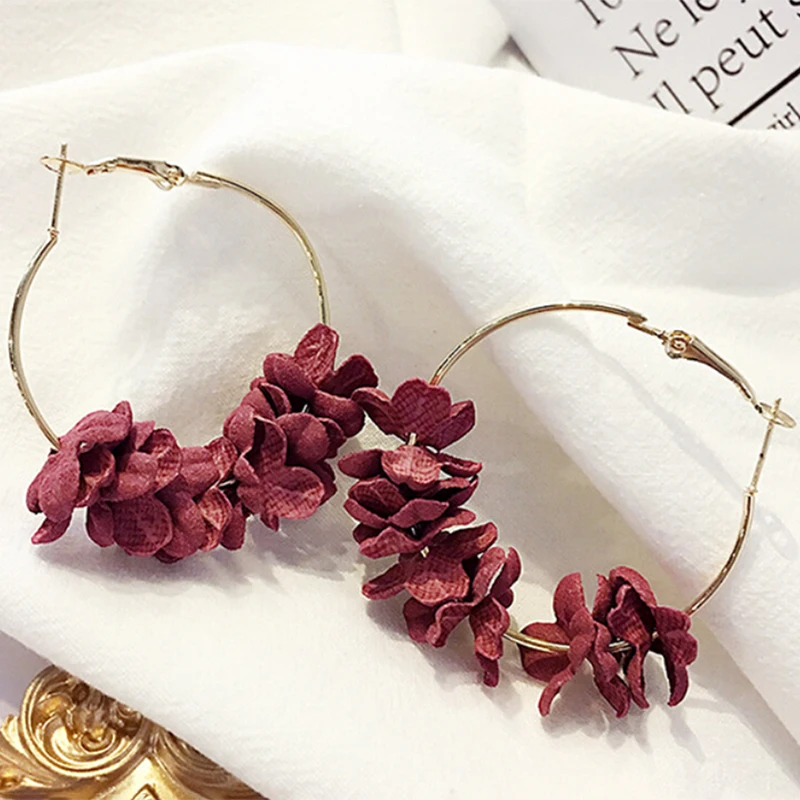 Женские серьги-кольца из сплава большие круглые украшения ткани с лепестками