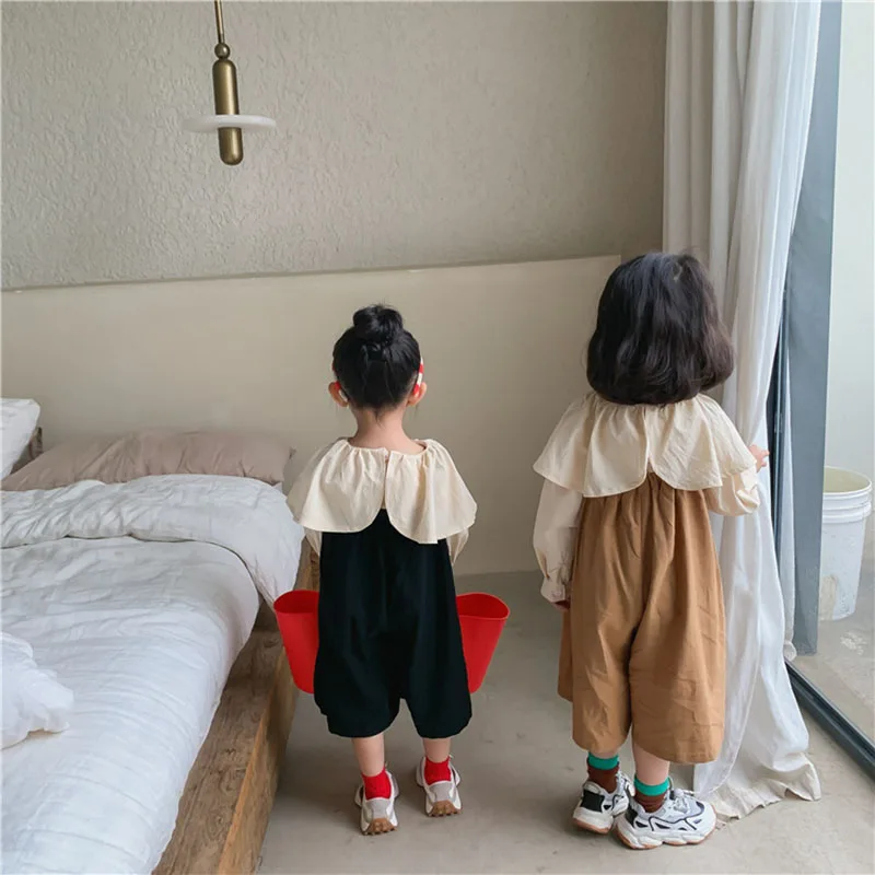

Kids' wear 2021 autumn suit 2021 Korean cotton hemp ear edge shirt + pants set for lady girl suit 4-30