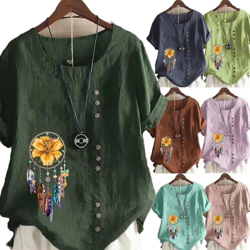 

New Women Summer Casual Dreamcatcher Print Loose T-shirts Vintage Round Neck Plus Size Short Sleeve Blouse Tops XS-5XL