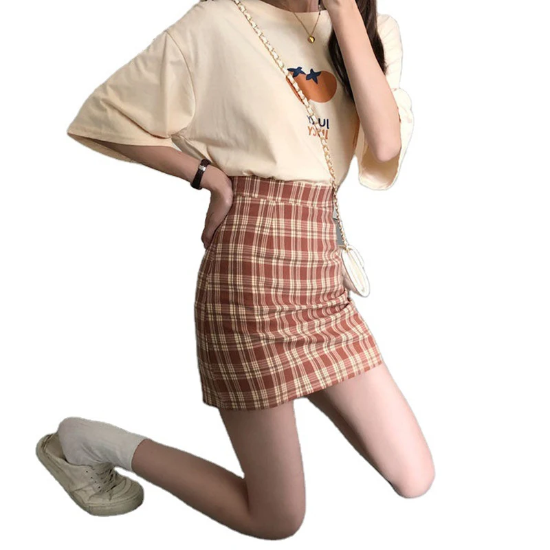 

Harajuku Lady Skirt Female Autumn Sweet High Waist A-line Slim Elastic Bag Hips Skirt Vintage Casual Women Plaid Skirts