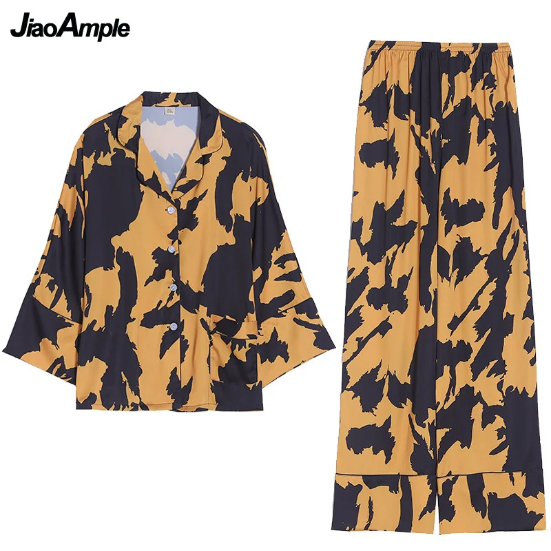 2022 Spring Autumn New Silk Pajamas Home Clothing Suit Women's Thin Long-sleeved Trousers Nightie Cardigan Pijamas Two-piece Set