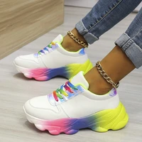 2021 womens summer thin sneakers ladies casual shoes muffin flat bottom fashion lace up rainbow sole thick bottom white shoes