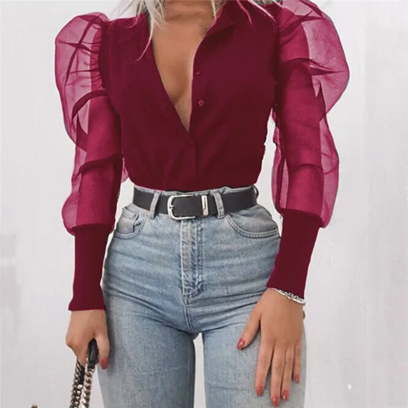 

Sexy Women Casual Shirts New Sheer Mesh Long Puff Sleeves Loose Tops Wear Fashion Female's See-through Buttons Autumn Shirt Hot