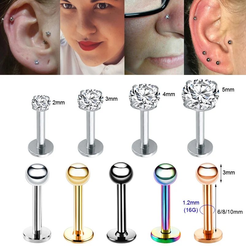4Pcs 16G 6/8mm Rod Crystal Tragus Piercing Labret Lip Ring Nose Piercing Oreja Helix Ear Studs Conch Pircing Cartilage Earrings