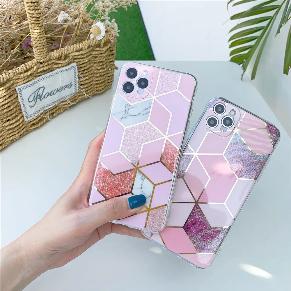 

Bling Marble Phone Case for iPhone 12 mini 11 Pro Max XR X XS SE 2020 7 8 Plus Fundas Geometric Glossy Soft IMD Shockproof Cover
