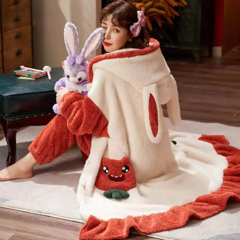 Winter Coral Fleece Pajamas Sets Women Thick Warm Flannel 2-Piece Set Sweet Cute Hooded Nightgowns Suit Soft Home Clothing F