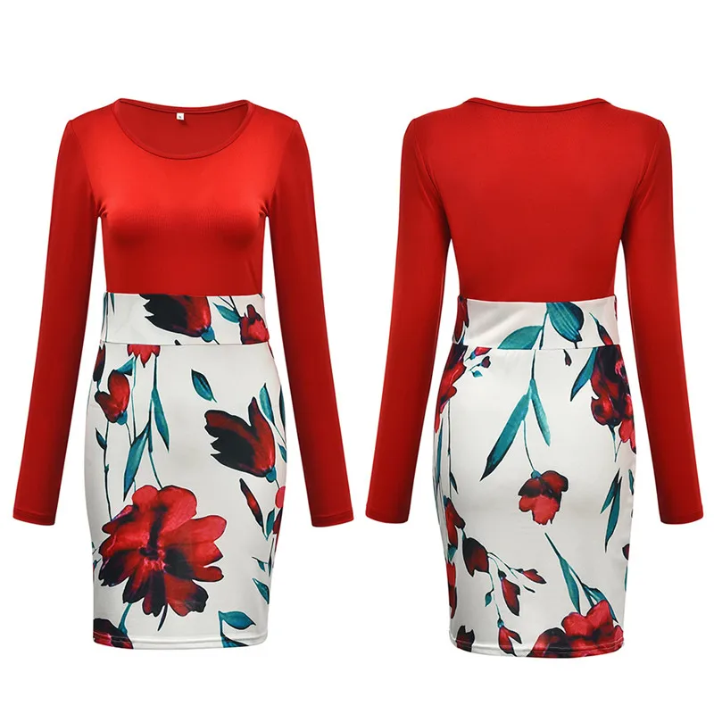 

4XL 5XL Plus Size Women Dress Autumn Sexy Slim Package Hips Mini Dresses Casual Long Sleeve Patchwork Floral Print Dress Vestido