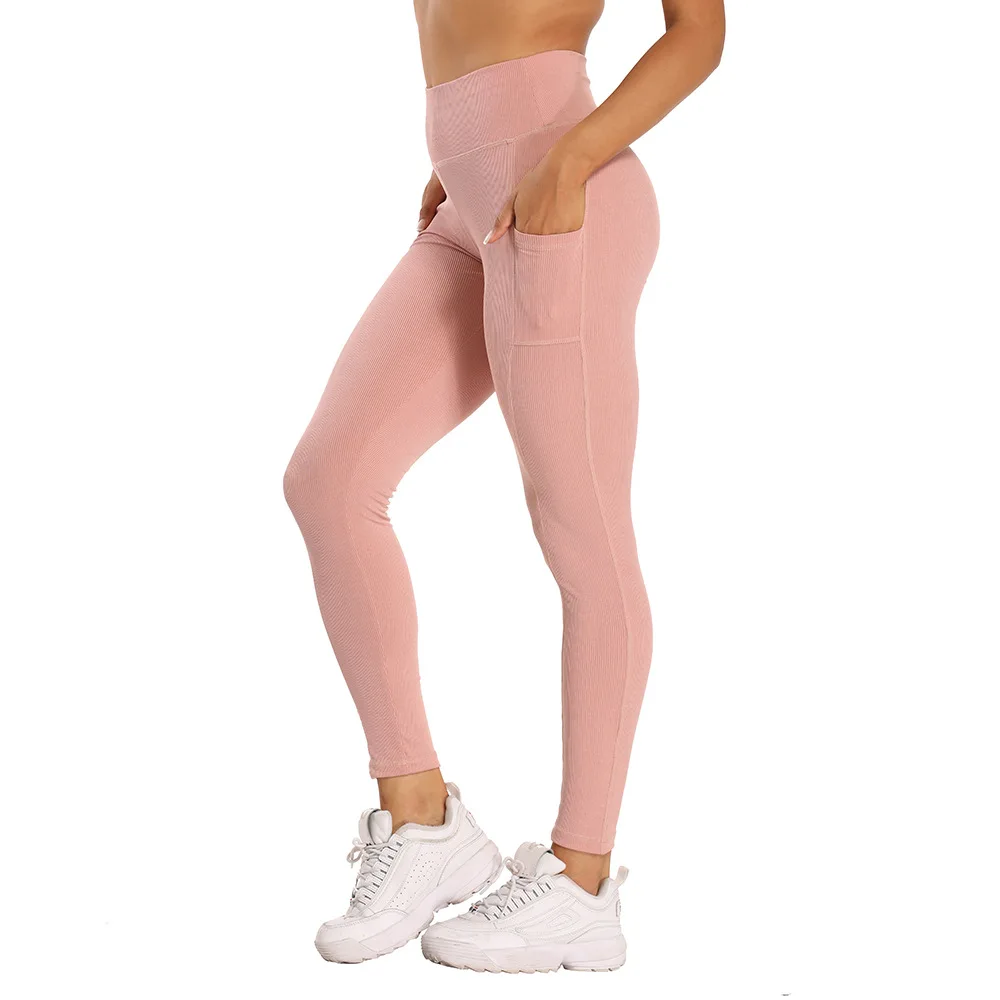 

Fashion Lady Fitness High Waist Tightfitting Vertical Line Showing Wavy Side Pockets Casual Sport Nine-Point Yoga Pants Leggings