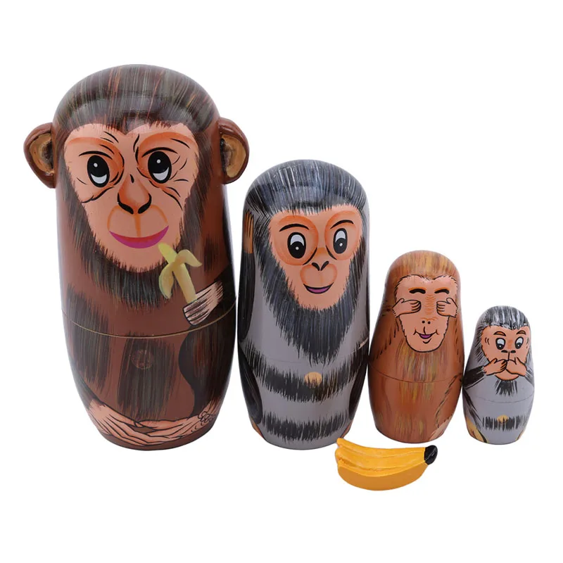 

1Set Cartoon Monkey Eat Banana Pattern Matryoshka Doll Wooden Hand-painted Russian Nesting Dolls Holiday Birthday Gifts For Kids