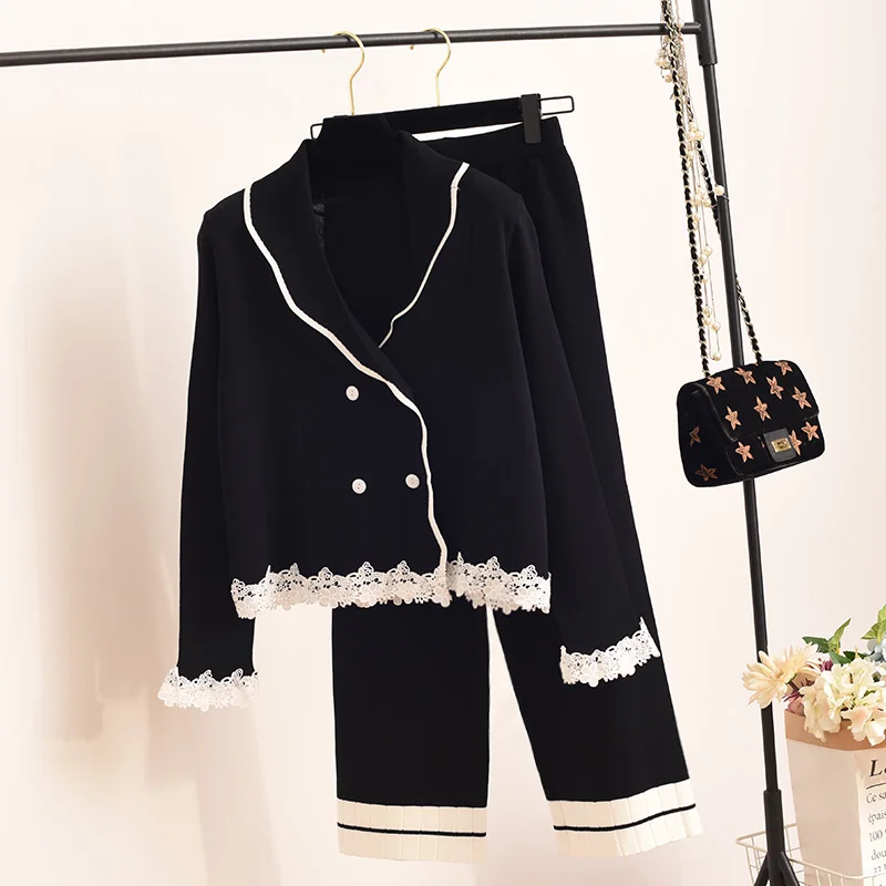 

Black Knitted Suits for Women New Spring Elegant Double Breasted Knitting Cardigans + Loose Wide Leg Trousers Knit Pants Sets