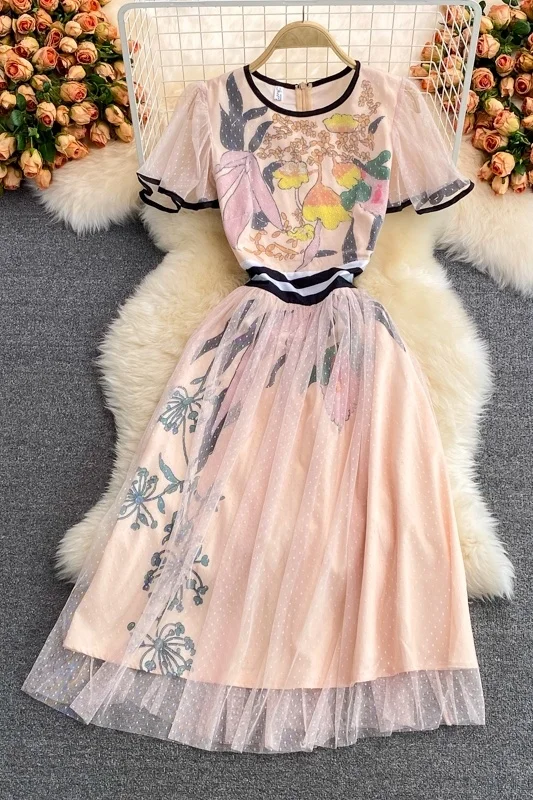 

2021 Summer O-neck Lotus Leaf Print Dress Girls Short Sleeve Swing Waist Close Gauze Dresses Women Vintage Pink Dresses