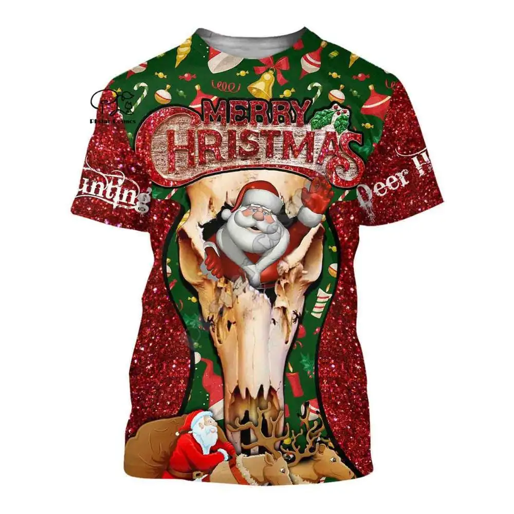 

PLstar Cosmos 3DPrint Merry Christmas Santa Claus Elk Deer Fishermen Hunting Harajuku Streetwear Funny Tshirts Short sleeve -a3