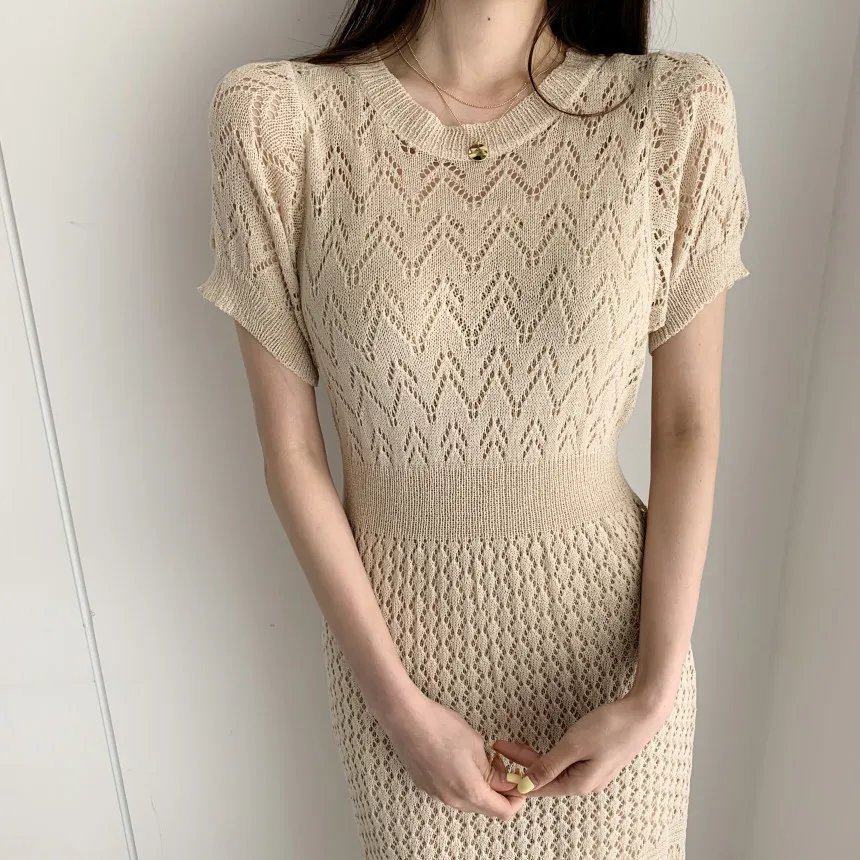 

Летние элегантные офисные женские туфли тонкий Открытое платье с О-образным вырезом вязаное платье миди с рыбьим хвостом для женщин в Корей...