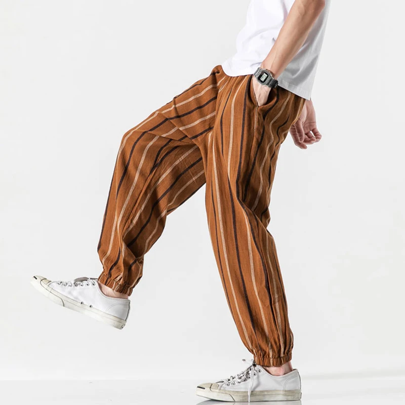 

Men Striped Loose Pants 2020 Summer Trousers Chinese Style Men's Cotton And Linen Radish Pants Nine-point Pants Men's Large Size