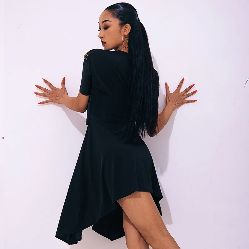 

Spring Summer Latin Dance Dress Women Practice Dance Clothes Short Sleeve Dress Samba Rumba Modern Dance Wear Black Dress ZD90