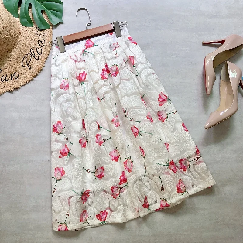 Женские юбки длиной до колена с принтом розы открытые французские романтические