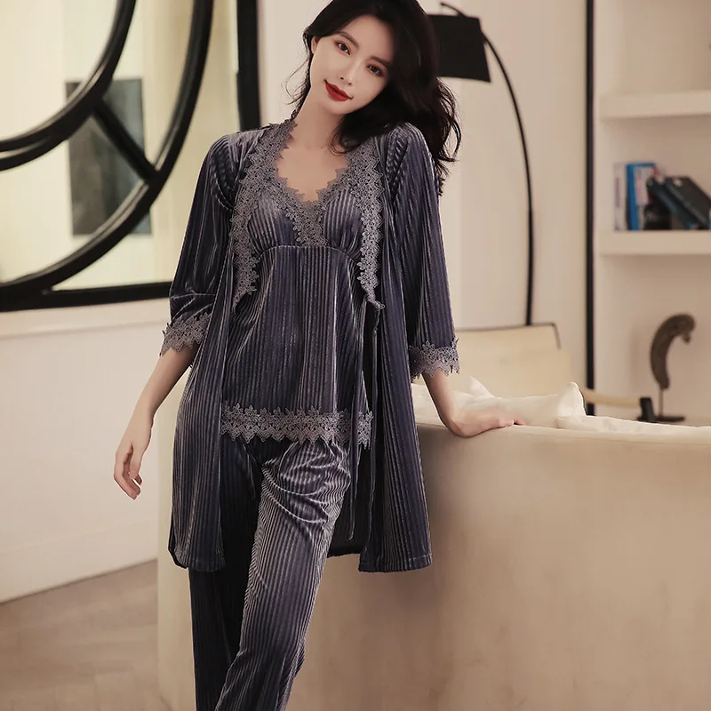 

2020 Spring Autumn Women Pajamas Fashion Velvet Soild Long Sleeve Three-piece suit Sleepwear V Neck Casual Female Elegant Sets