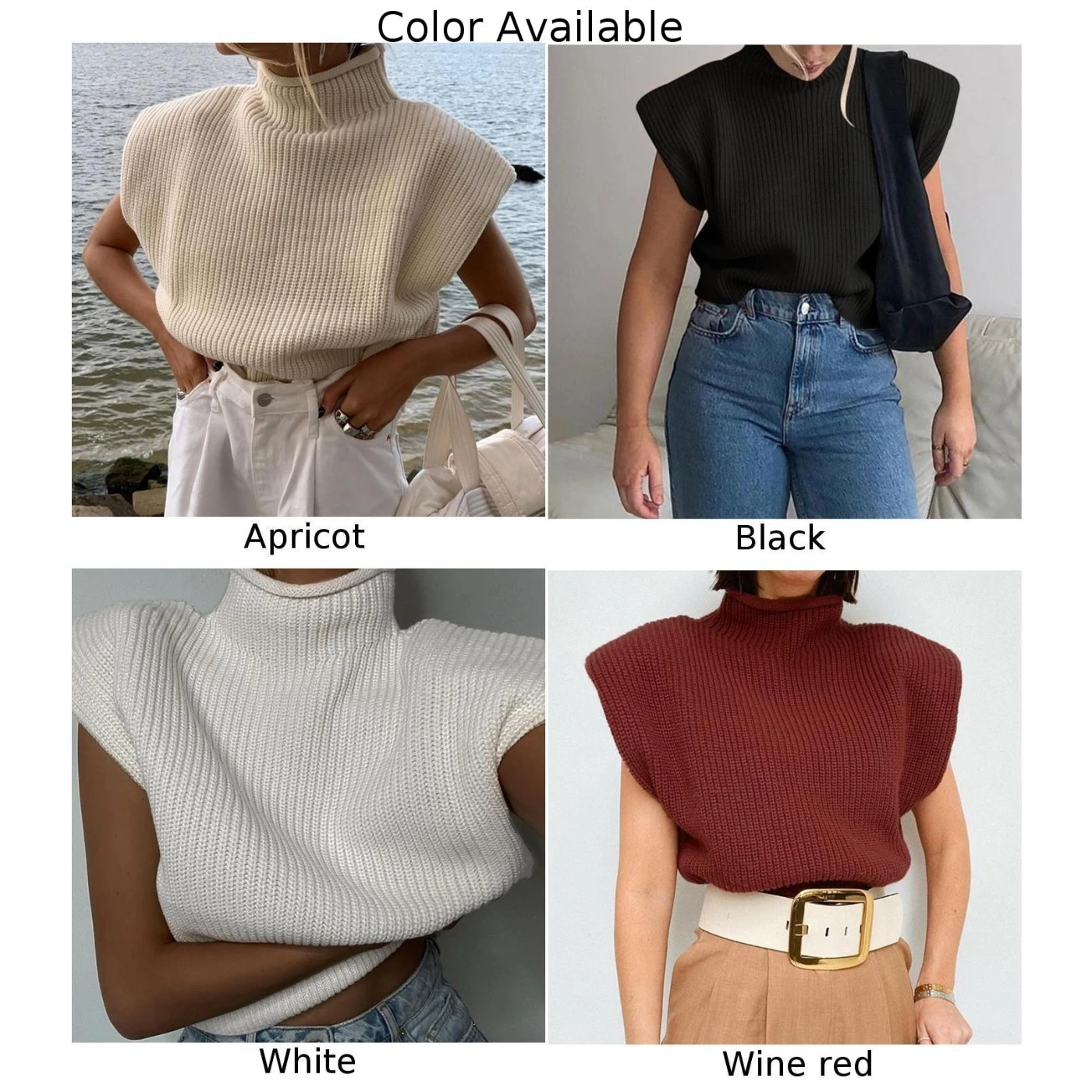 

Women Sexy Street Solid Casual Sleeveless Turtleneck Knitted Sweater Shoulder Pads Minimalist Pullover/Vest Tank
