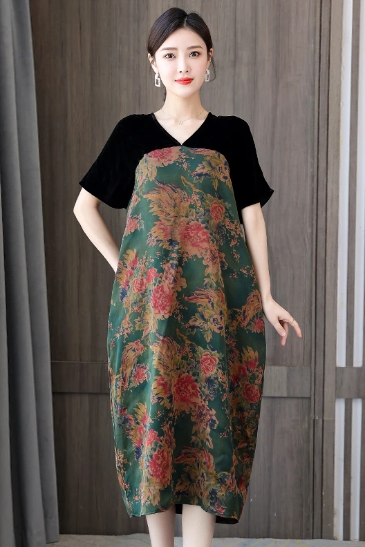 

COIGARSAM 4XL Plus Size Casual Patchwork Women Long dress Summer Loose Panelled Dresses 1808