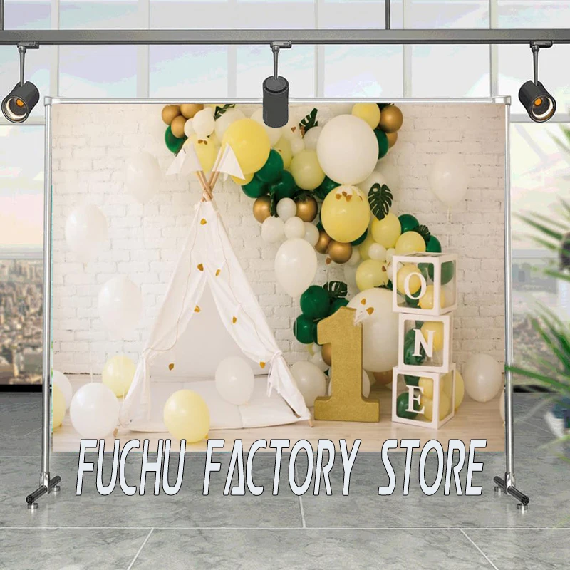 

White Brick Wall Wood Floor Baby 1st Birthday Backdrops Tent Balloons Baby Portrait Photography Backgrounds Photo Studio Vinyl