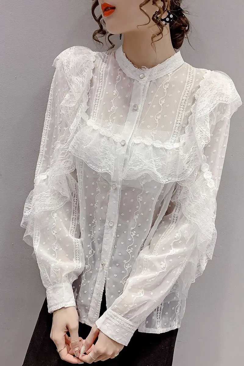 

COIGARSAM Lace blouse women Spring blusas womens tops and blouses Apricot White 129