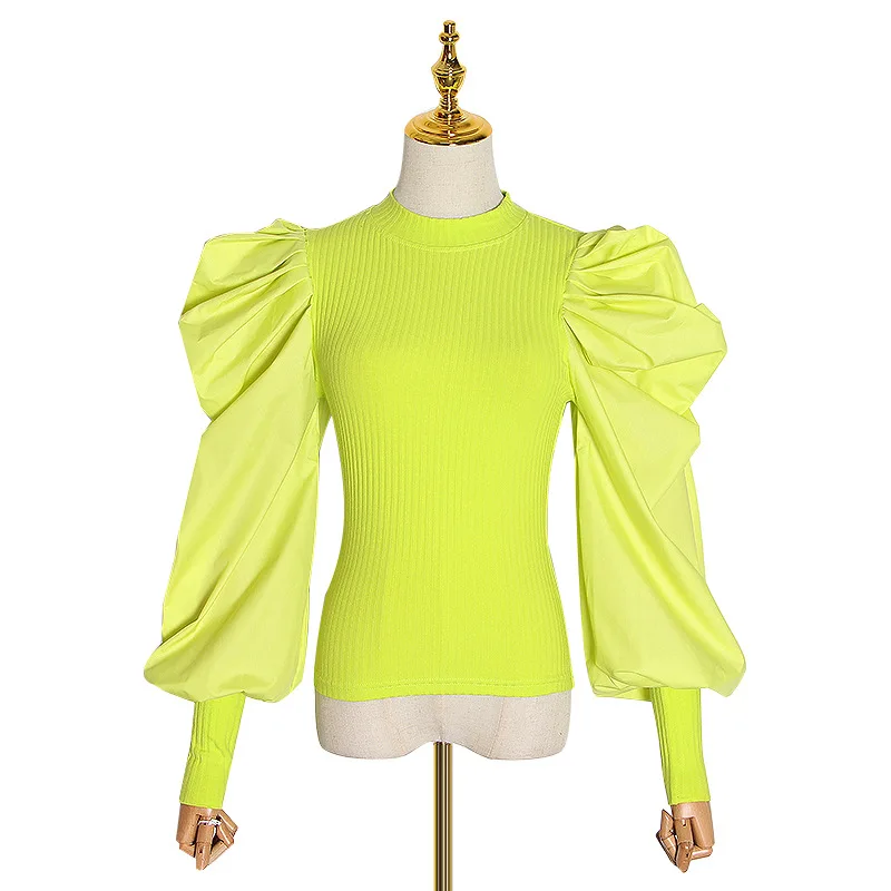 

Super fairy fruit green coat new pleated bubble long sleeve stitching solid color outside wear inside sweater women