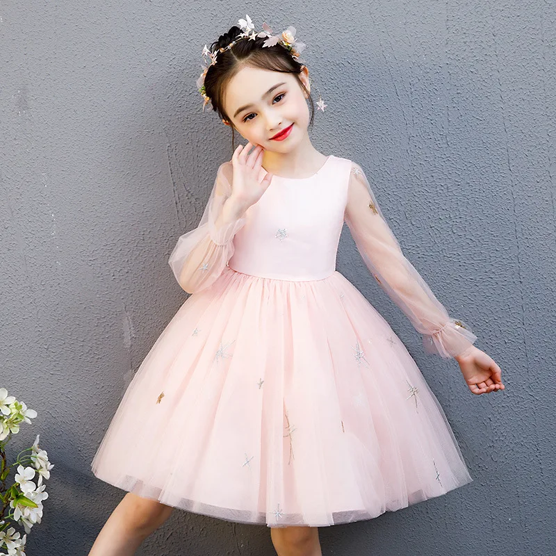 

Cute Teens Girls Stars Embroidery Dress Kids Baby Transparent Grey Long Sleeves Princess Costumes Christmas Thanksgiving Dress