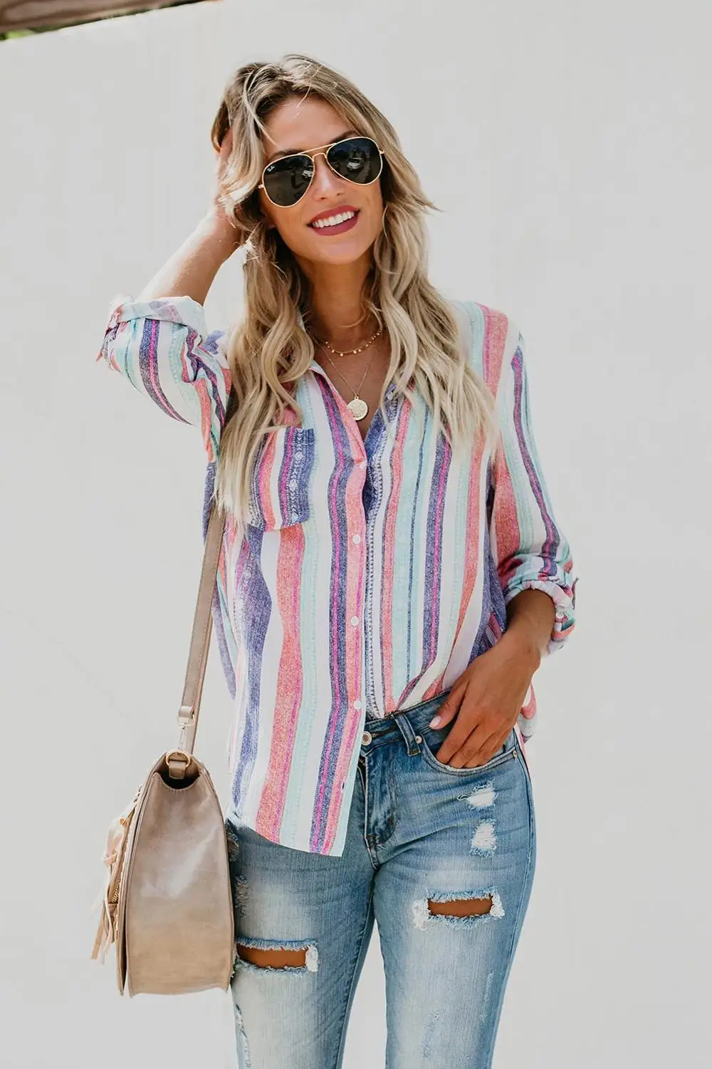 

White Sweet Enough Striped Button Down Top Women Long Sleeve Turn Down Collar Vintage Wash and Tribal Accents Shits Tops S-XXL