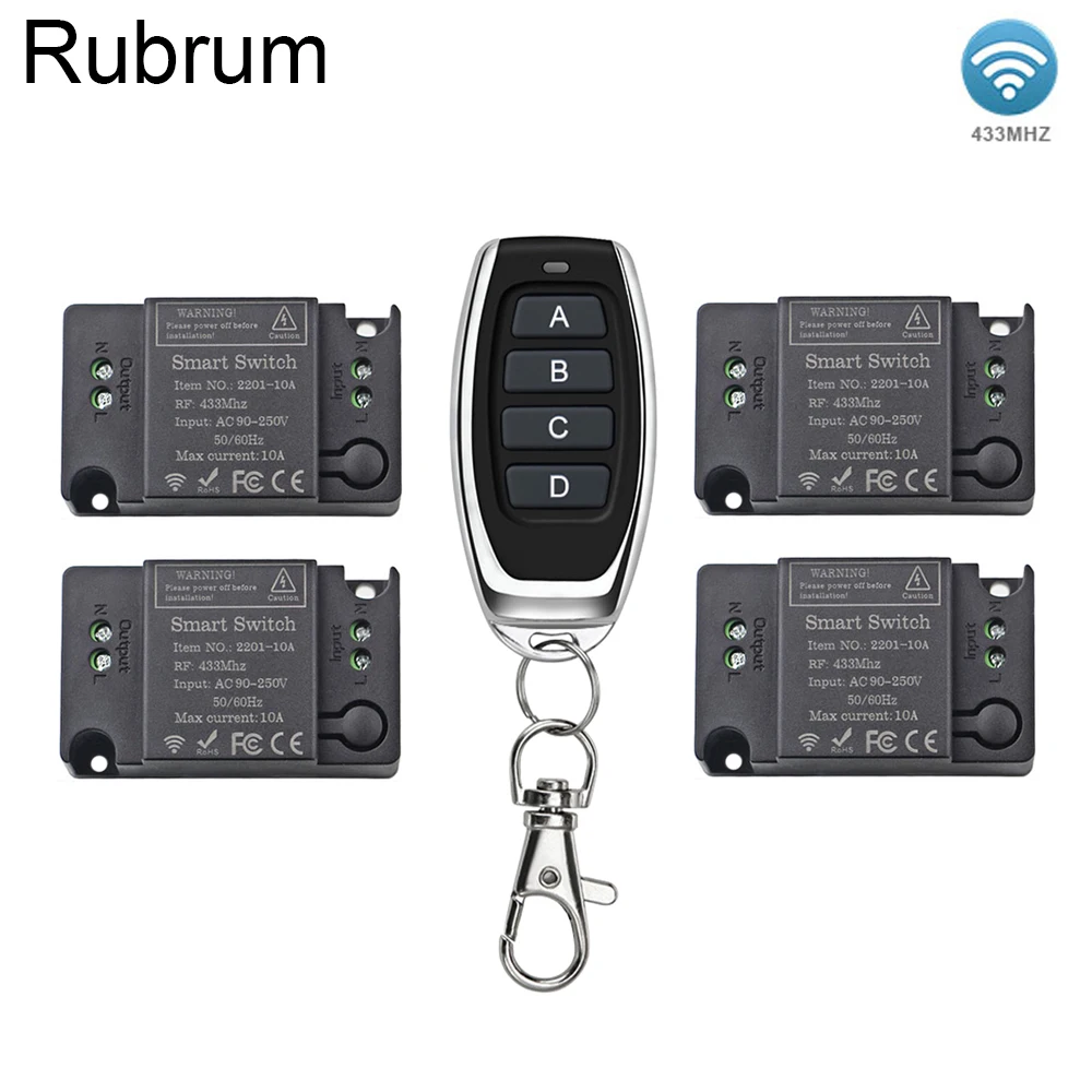 

Rubrum AC 110V 220V Universal Wireless Remote Control Switch 1CH Relay Receiver Module and RF 433Mhz 4 Buttons Remote Controls