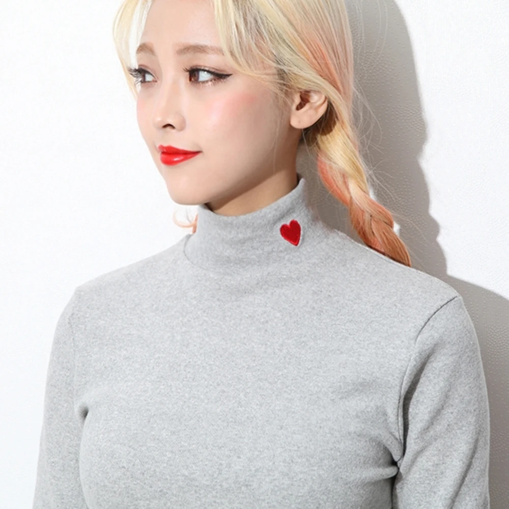 

Korean Embroidery Heart Long Sleeve Tees Women Winter 2020 Harajuku Turtleneck Fleece Warn Basic T-shirt Schoolgirl Clothing