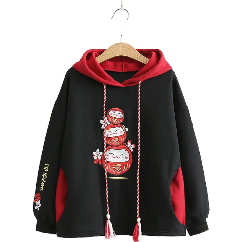 Winter 2020 New Cute Fuwa Embroidery Hooded Sweatshirts Loose Thick Velvet Chinese Style Hoodies Women Pullover 2011144