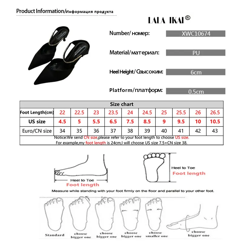 

LALA IKAI 2021 Summer High Heels Pointed Top Women's Sandals Rhinestone Women Slippers Solid Color Mules Zapatos de mujer C10674