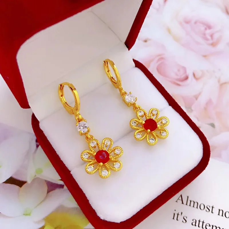 

OMHXFC Wholesale YM82 European Fashion Hot Fine Woman Girl Party Birthday Wedding Gift Flower AAA Zircon 24KT Gold Drop Earrings