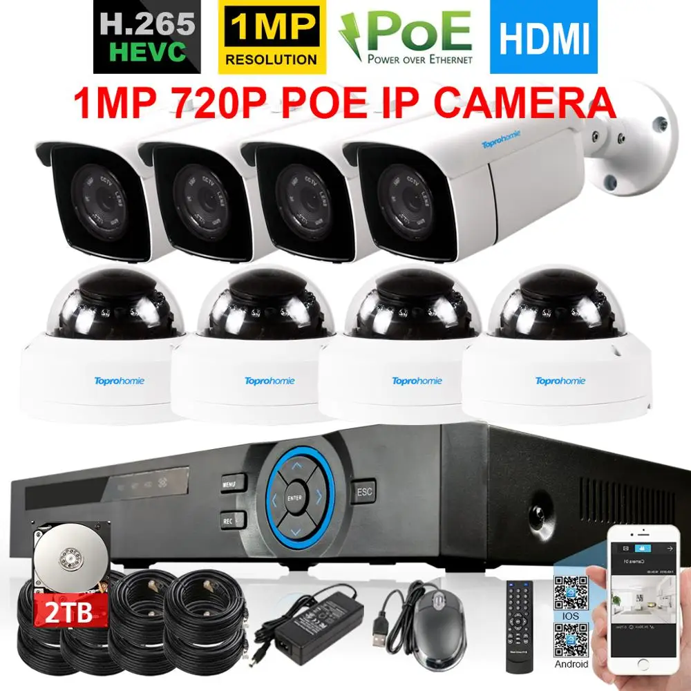 Система видеонаблюдения TOPROHOMIE H.265 + 8CH POE 48V 1MP 720 P защищенная от антивандальной